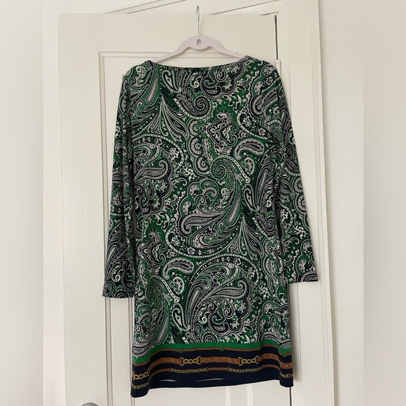 MICHAEL KORS Navy Green White Poly Blend Paisley Matt Jersey Shirt Dress - Picture 5 of 5